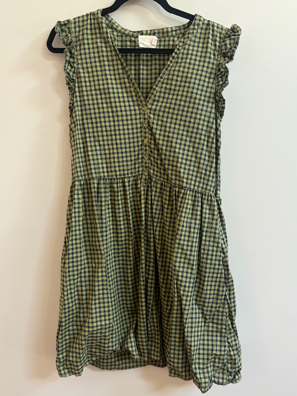 Nation LTD Tegan Ruffled Mini Dress Green Navy Check Pattern 100% Pima Cotton - Picture 2 of 11